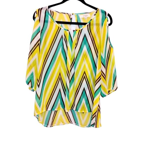 UMGEE COLLECTIONS SHEER GEO PRINT BLOUSE W/ COLD SHOULDER & MID-LENGTH SLEEVES - Picture 1 of 6